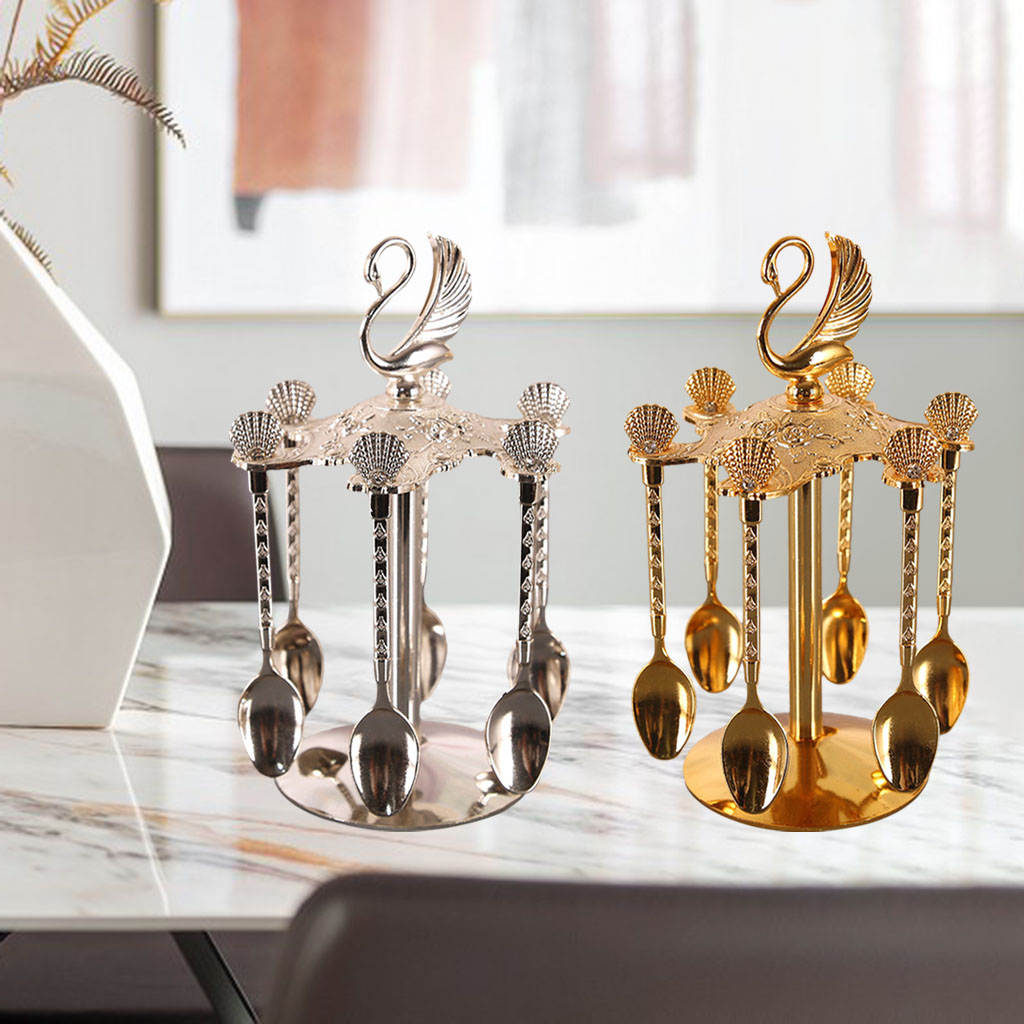 Metal Swan Base Holder and 6 Spoons Jam Spoons Kitchen Dinnerware Set for Stirring Sugar Dessert Ice Cream Coffee