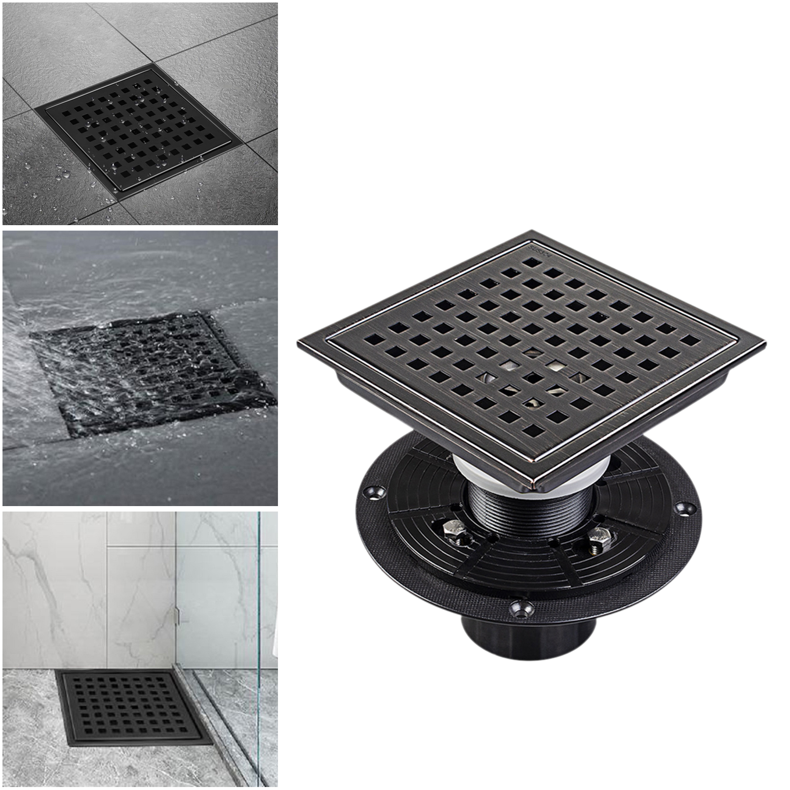 Square Shower Floor Drain Strainers Shower Drain Grid Grate Invisible Bathroom Balcony Hair Strainer Black