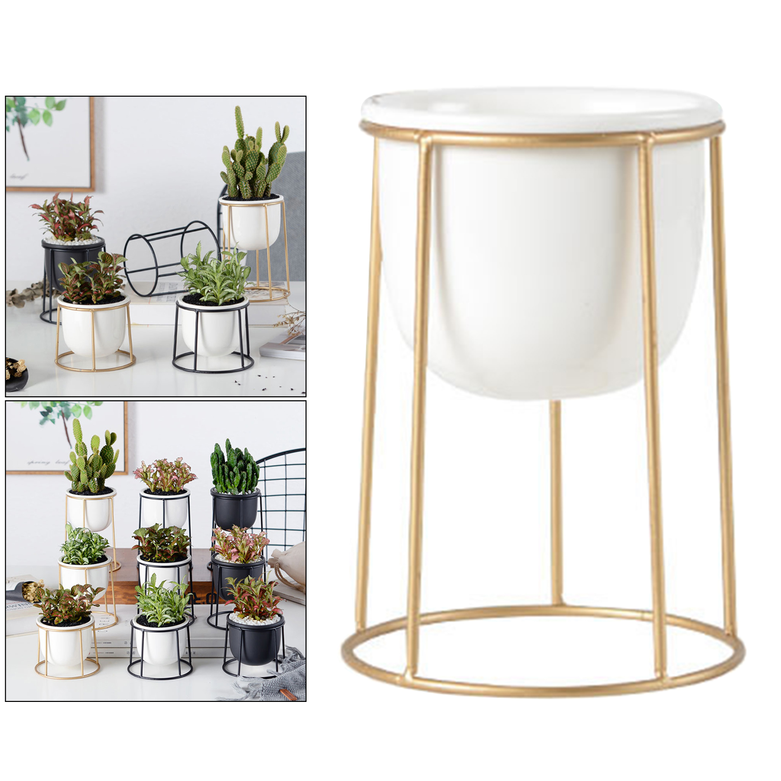 Modern White Ceramic Flower Pots with Iron Frame Stand Holder Home Decoration Succulent Plant Pot