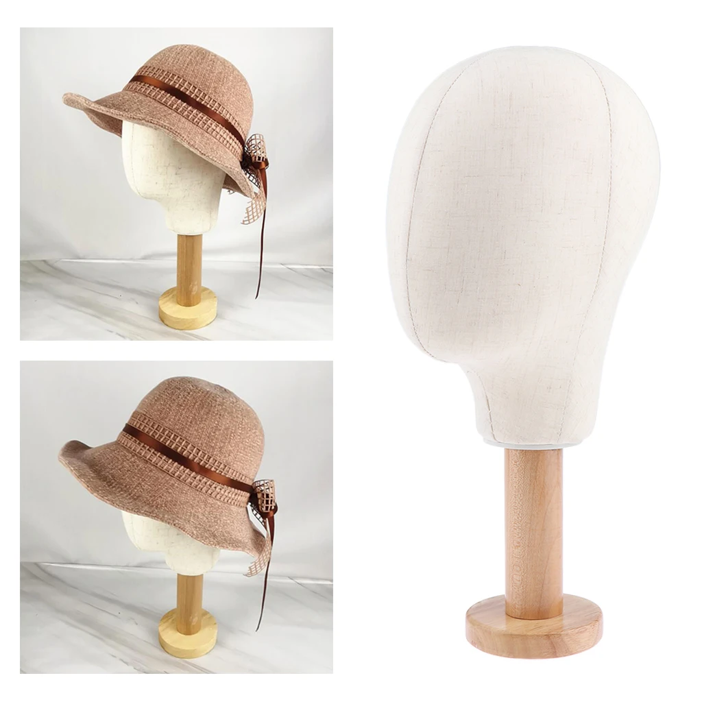 21 inch Hair Wigs Extension Making Hats Caps Display Canvas Cover Mannequin Head Model & 14 cm Height Detachable Wood Stand