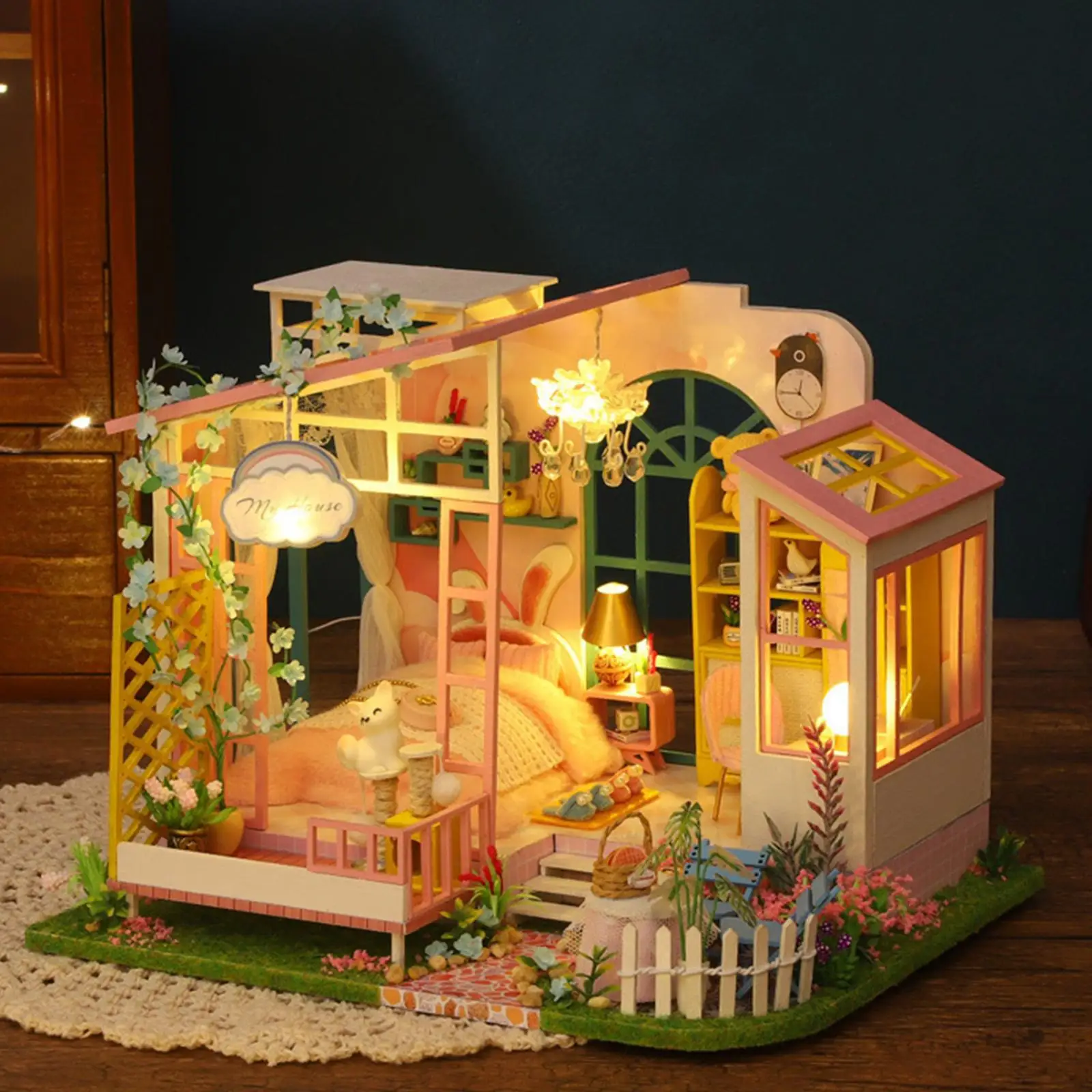 Handmade DIY Dollhouse Miniature Kit with LED Light & Battery Case Furniture Set Wood House 3D Building Puzzle Birthday Gifts