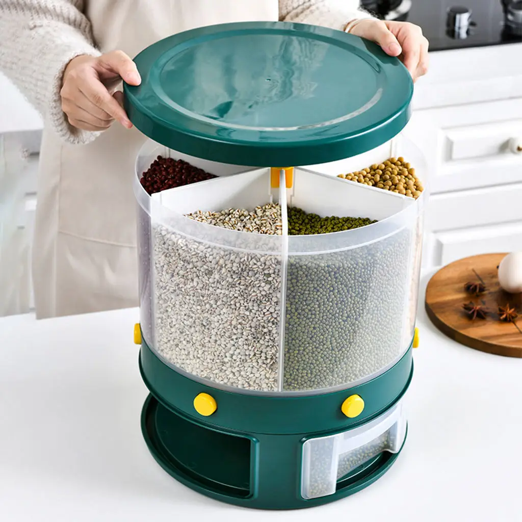 Rice Dispenser Cereal Storage Container Box 6-Grid Rotating Easy Install