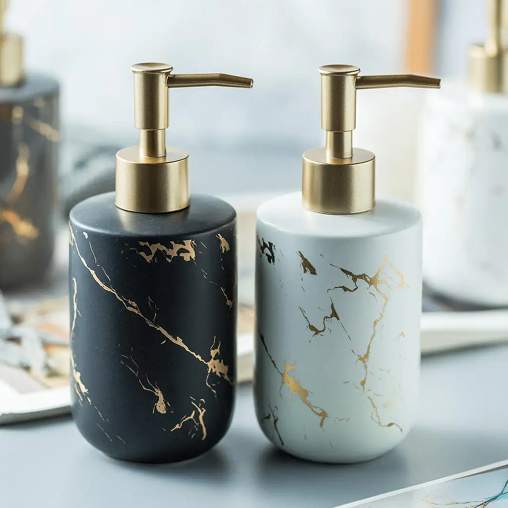 Empty Hand Ceramic Soap Dispenser Marble Texture Shampoo Container Pump Bottle Holder Countertop for Bathroom Laundry Room