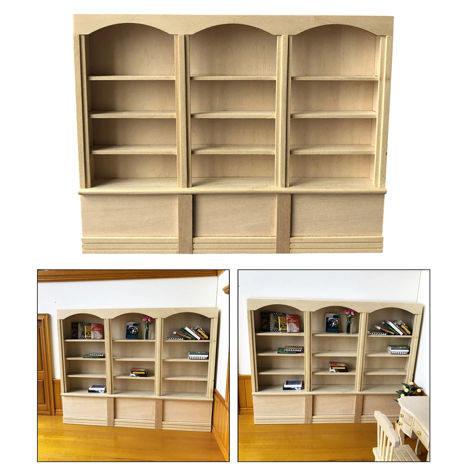 Wood Unfinished 1/12 Scale Dollhouse Bookshelf  Organizer 4 Layers