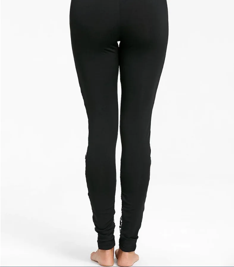 capri leggings Women Elastic High Waist Leggings Black Solid Color Hollow Out Lace Hem Trousers S/ M/ L/ XL/ XXL ribbed leggings