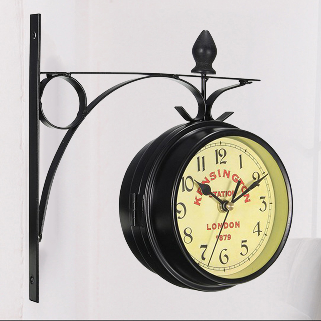 Retro Wrought Iron Double-Side Faces Metal Wall Clock Garden Coffee Bar Home