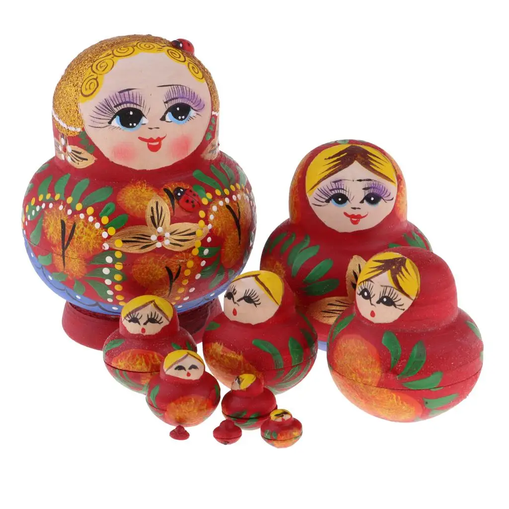 10 PCS Red Flowers Wooden Russian Nesting Dolls Babushka Matryoshka Gift Toy