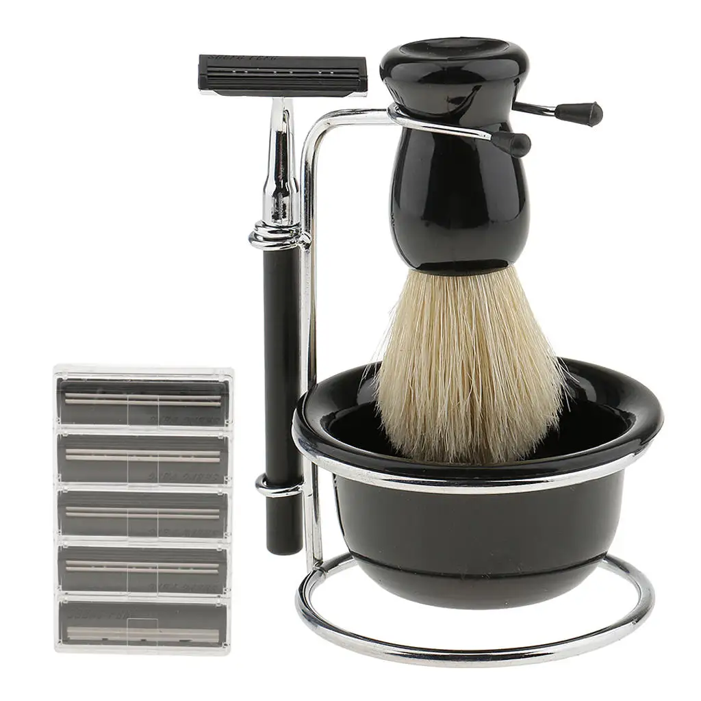 5 in 1 Black Shave Stand +Bristle Brush+ Bowl +Safety Razor +BladesTravel Set for Men
