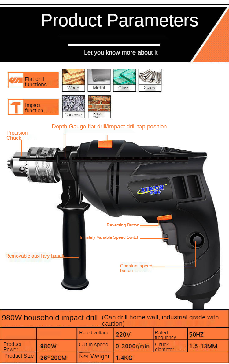 Furadeira elétrica de alta potência doméstica, 220v,