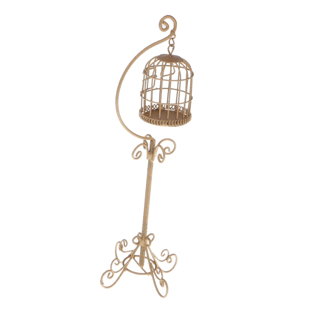 1:12 Scale Vintage Metal Bird Cage with Holder Stand Dollhouse Miniature for 12th Dolls House Decoration Accessories