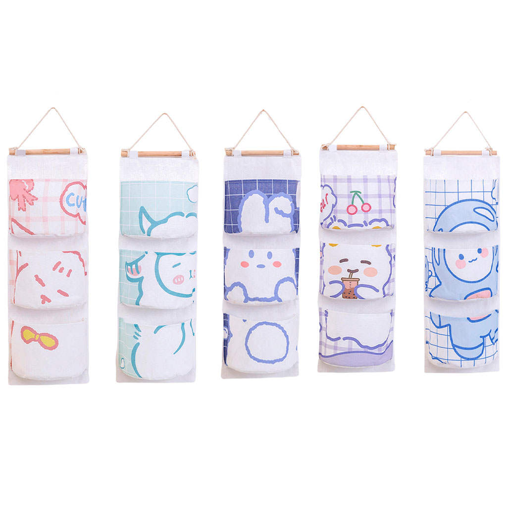 Cute Wall Hanging Storage Bag 3 Pockets Organizer Closet Pouch Waterproof Door Cotton for Keys Wardrobe Toys Cosmetic Home Decor