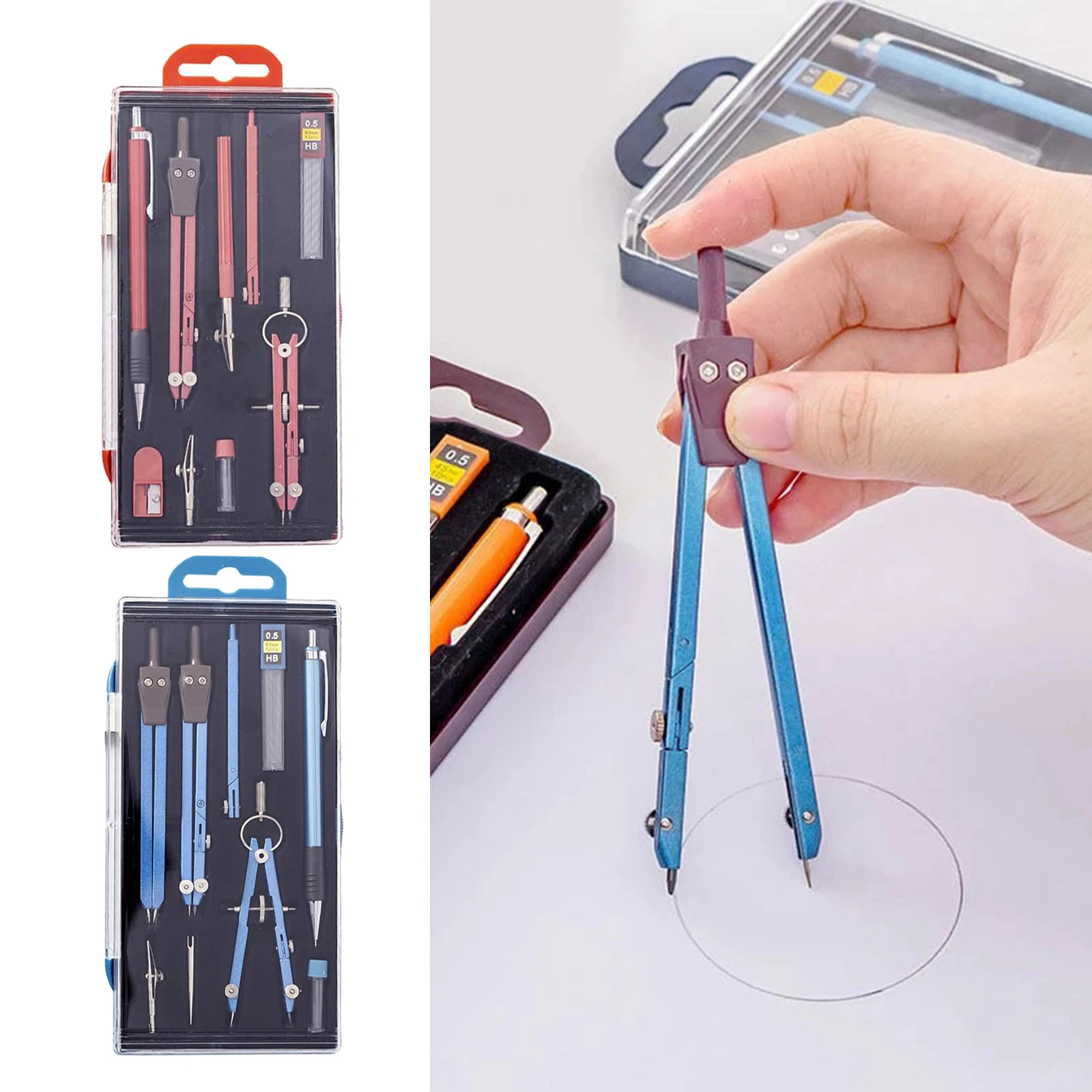 9Pcs Geometry Set Circle Drawing Tool with Replacement Pins and Stationery Supplies Kits with Storage Box