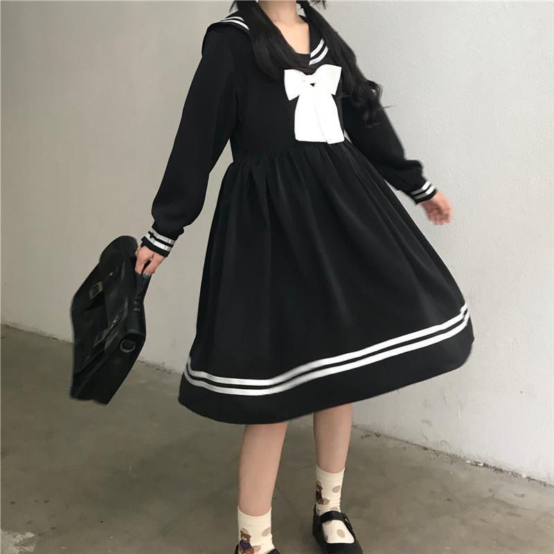 Houzhou preto lolita vestido feminino arco retalhos