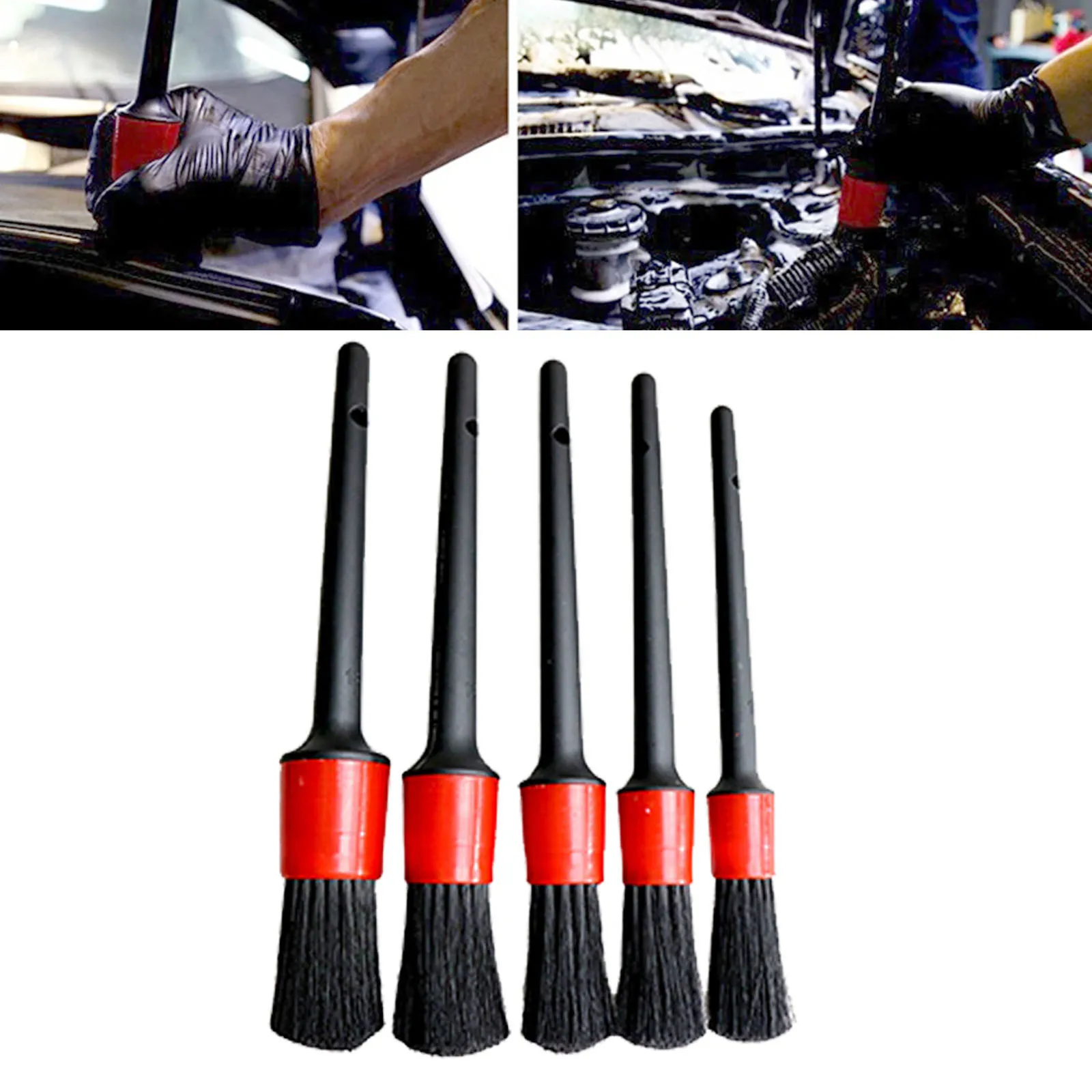 Detailing Brush Set 5 Different Brush Sizes Microfiber Towel Plastic Handle Premium Natural Boar Hair No Shed Bristles