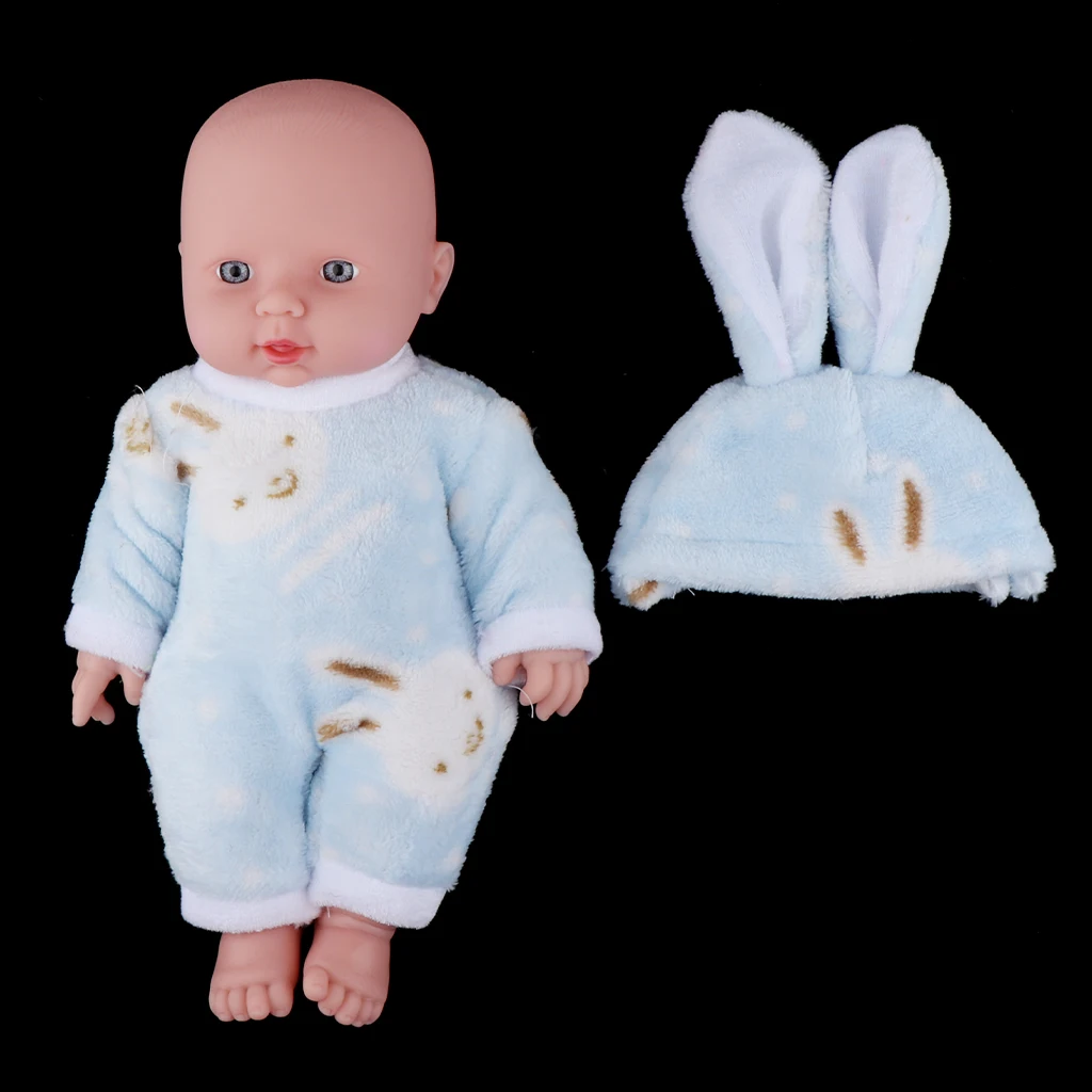 30cm Realistic Reborn Doll Baby Vinyl Newborn with Pink Rabbit Clothing Preemie Blue