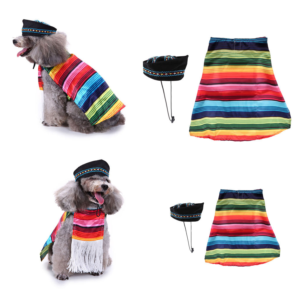 Pet Dog Complete Mexican Poncho Cloak Black Sombrero Hat Outfit Costume