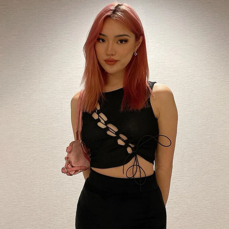 2021 Gothic Hollow Out Bandage Black Tank Tops Y2K Women Lace-Up Ribbed Sleeveless Crop Tops E-girl Summer Fashion Streetwear