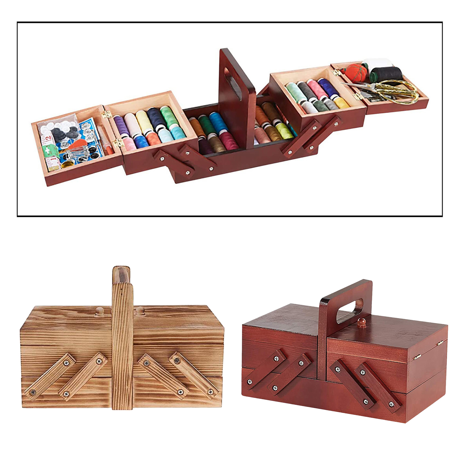 Foldable Wood Sewing Kit Box Thread Stitching Kit Home Sew Basket Household
