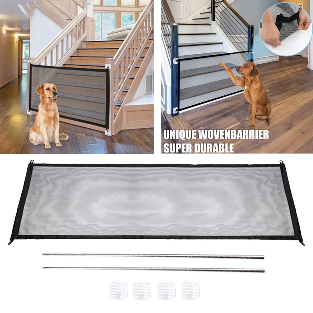 Walk Through Pet Gate with Small Pet Door Includes Extension Kit Pressure Mount Kit and Wall Mount Dogs Mesh Gate Fence