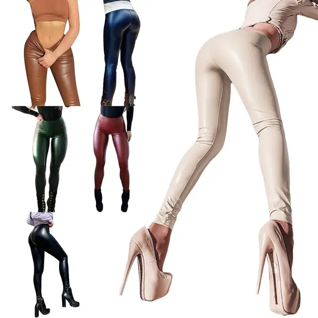 Spring hue Womens Pants Slim Soft Strethcy Shiny Wet Look Faux Leather  Leggings