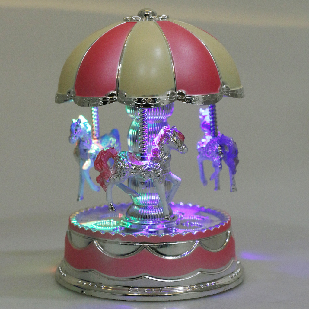 Vintage LED Light Carousel Rotating Music Box Mechanical Toy Kids Gift Pink