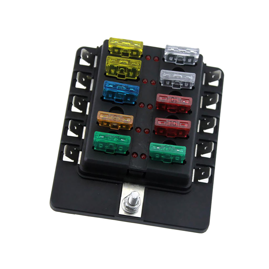 Car Boat 6V/12V/24V 10 Way Fuse Box Holder and Fuse with Red LED Light Kit