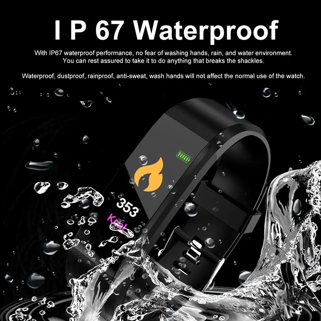 IP67 115Plus Smart Bracket Smart Band Tracker Watch Bluetooth Fitness Blood Pressure Passometer Fashion Sports Wristband Watch 