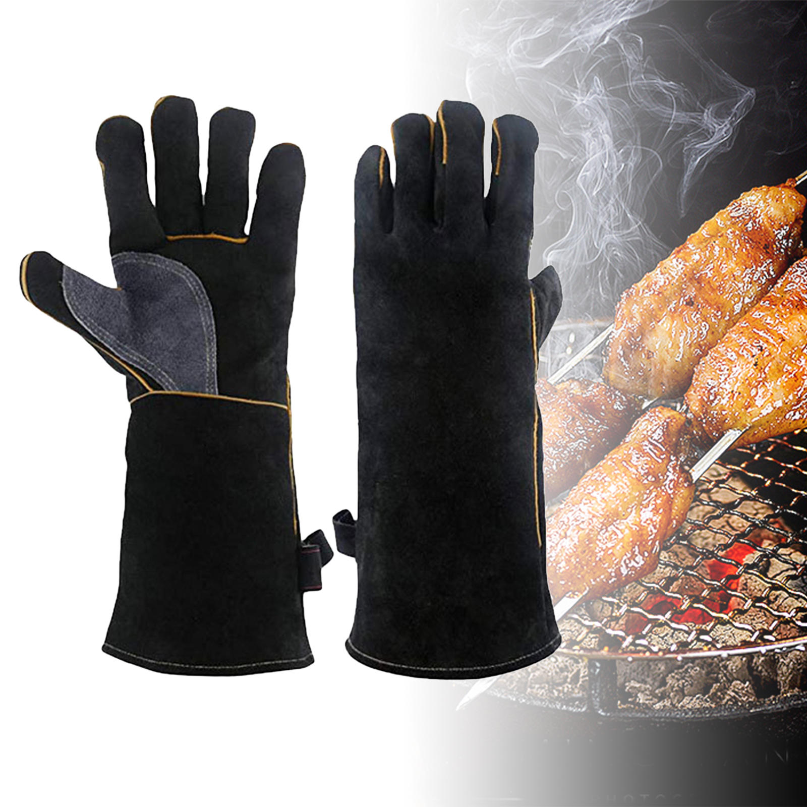 Heat Resistant BBQ Gloves 16 inch with Stitching Leather Oven Mitts for Baking Cooking Kitchen Furnace Fireplace