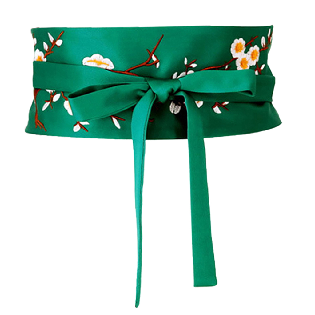Vintage Style Embroidered Flower Pattern Waistband Obi Belt Corset Belt with Self Tie Long String for Special Dress