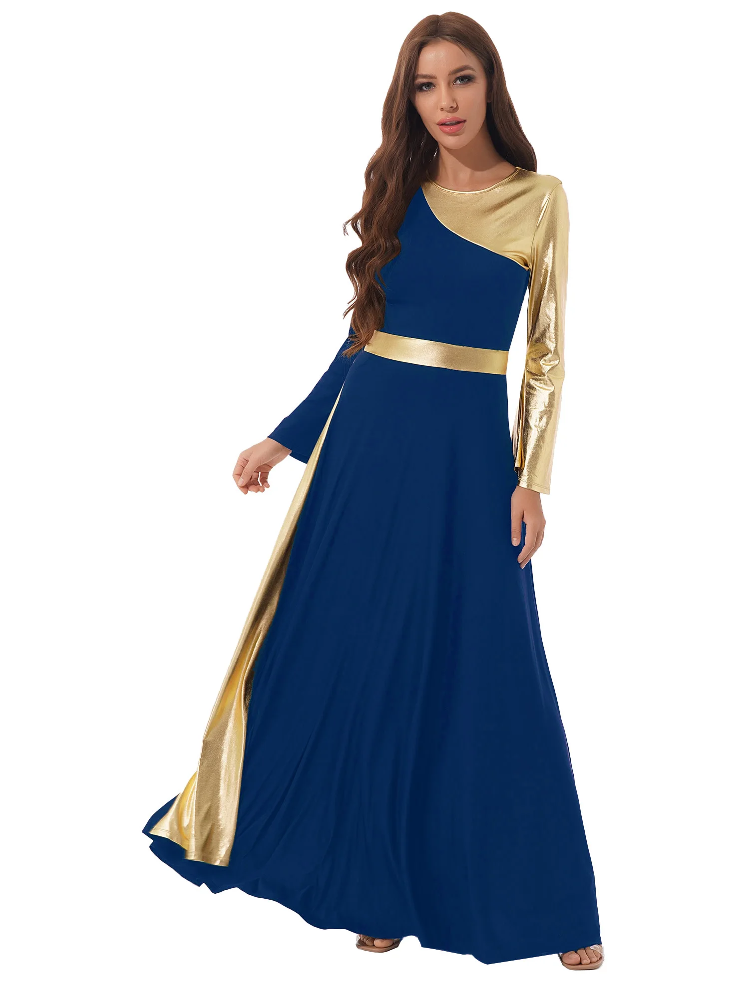 IBAKOM Womens Adult Metallic Gold Color Block Long Sleeve Praise Dance Dress Loose Fit Full Length Liturgical Lyrical Worship 