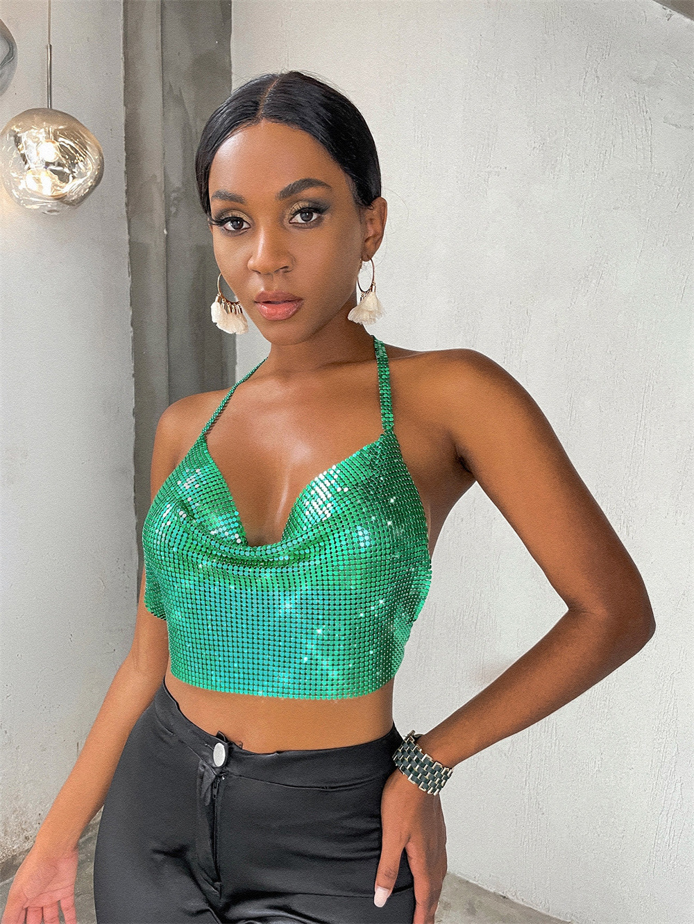 metallic green crop top
