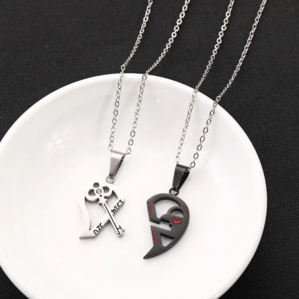 2Pcs Couple Necklace 1314 520 Heart Key Lock Jigsaw Punk Style Pendant  Couple Love Necklace Valentines Jewelry Gift