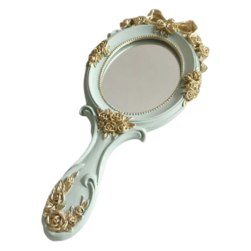Handheld Mirror with Embossed Rose Pattern for Makeup Oval Shape Princess Cosmetic Compact Mirror Vanity Mirror with Handle