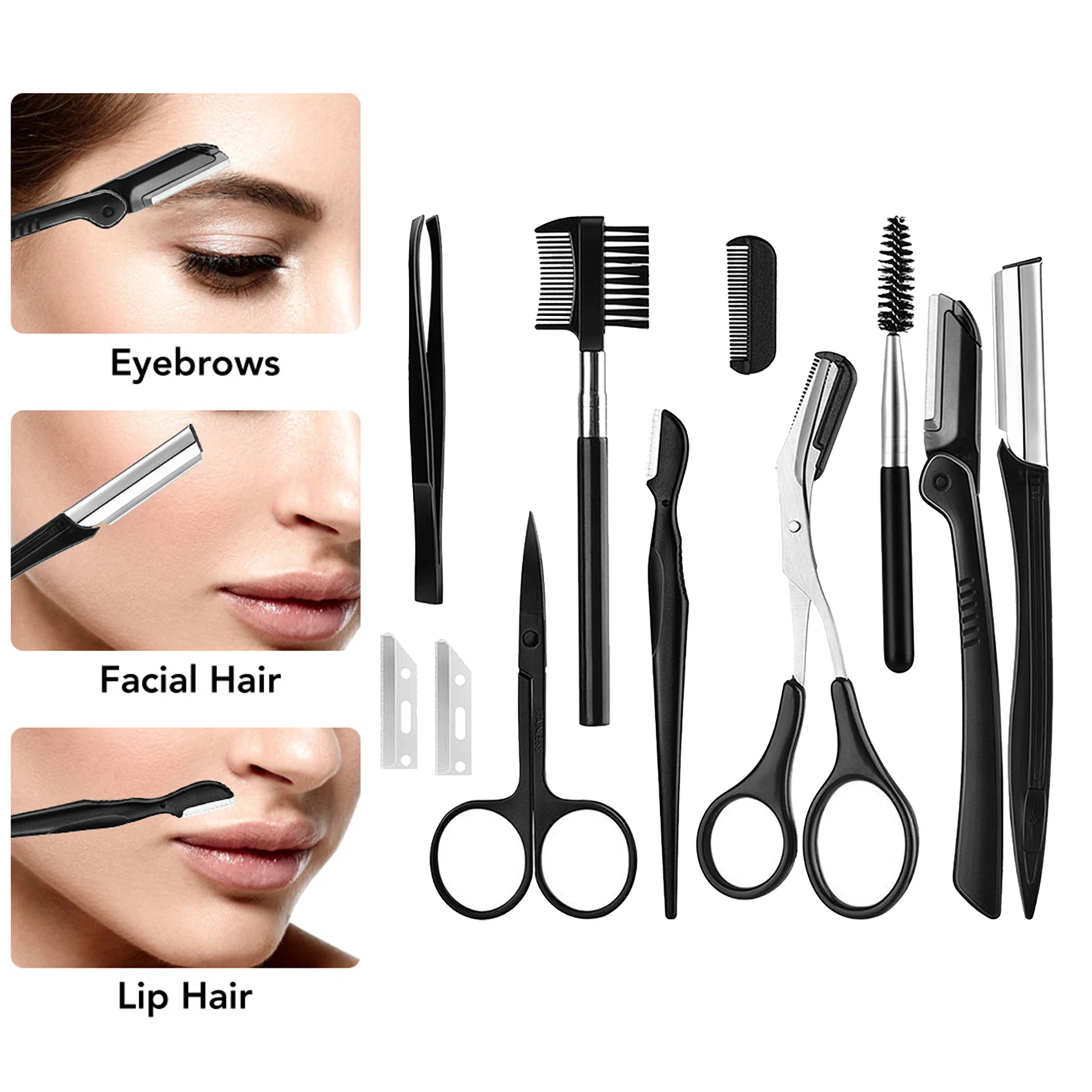 11 Pcs Eyebrow Trimming Kit Includes Eyebrow Scissors, Tweezer, Eyebrow Razor, Shaping Scissors Brush Comb for Women & Men