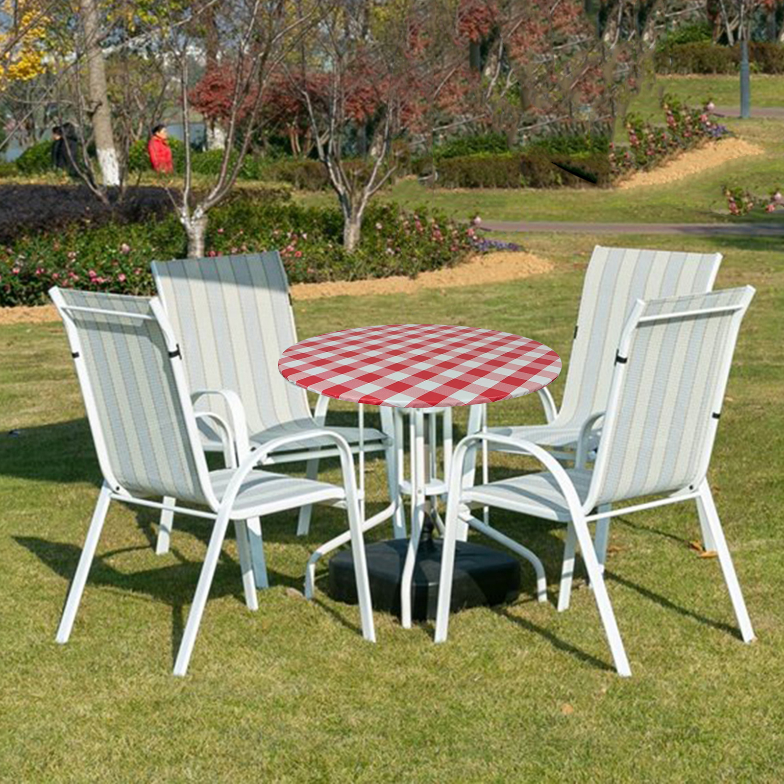 Elastic Edged Polyester Plaid Table Cover Polyester Waterproof Oilproof Round Tablecover Dust Proof Fits for 31.5-38inch Dia