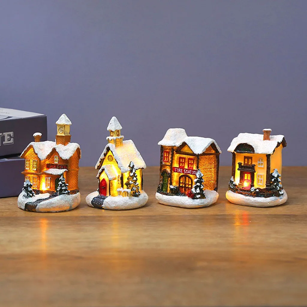 Vintage Style Christmas Village House Cabin Figurine Warm Light Table Gifts Two-story House