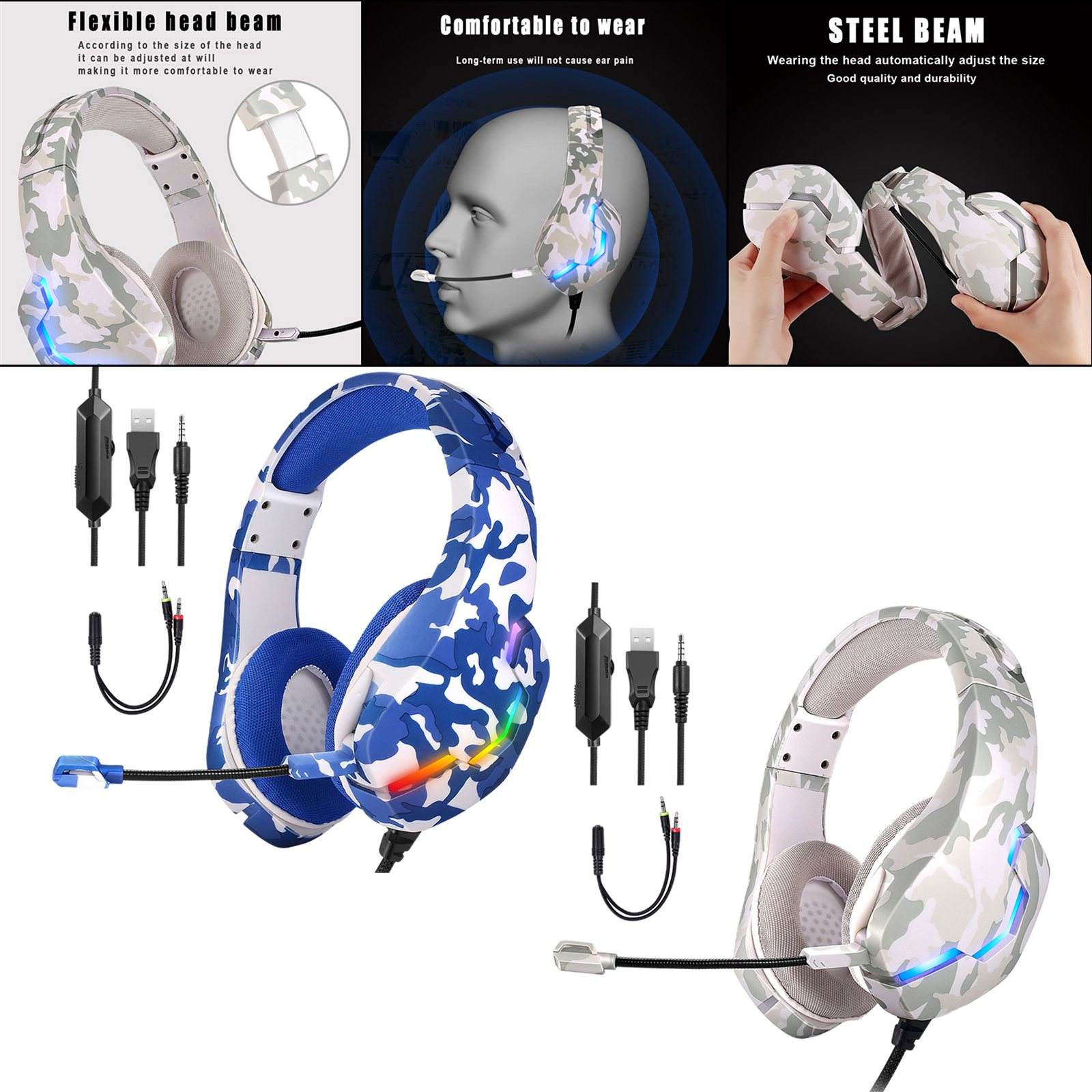 Gaming Headset 3.5mm Multi-Platform Comfortable Bass Over-Ear RGB Lamp J10 Soft Earmuffs Wired Headphone for Music Smartphones