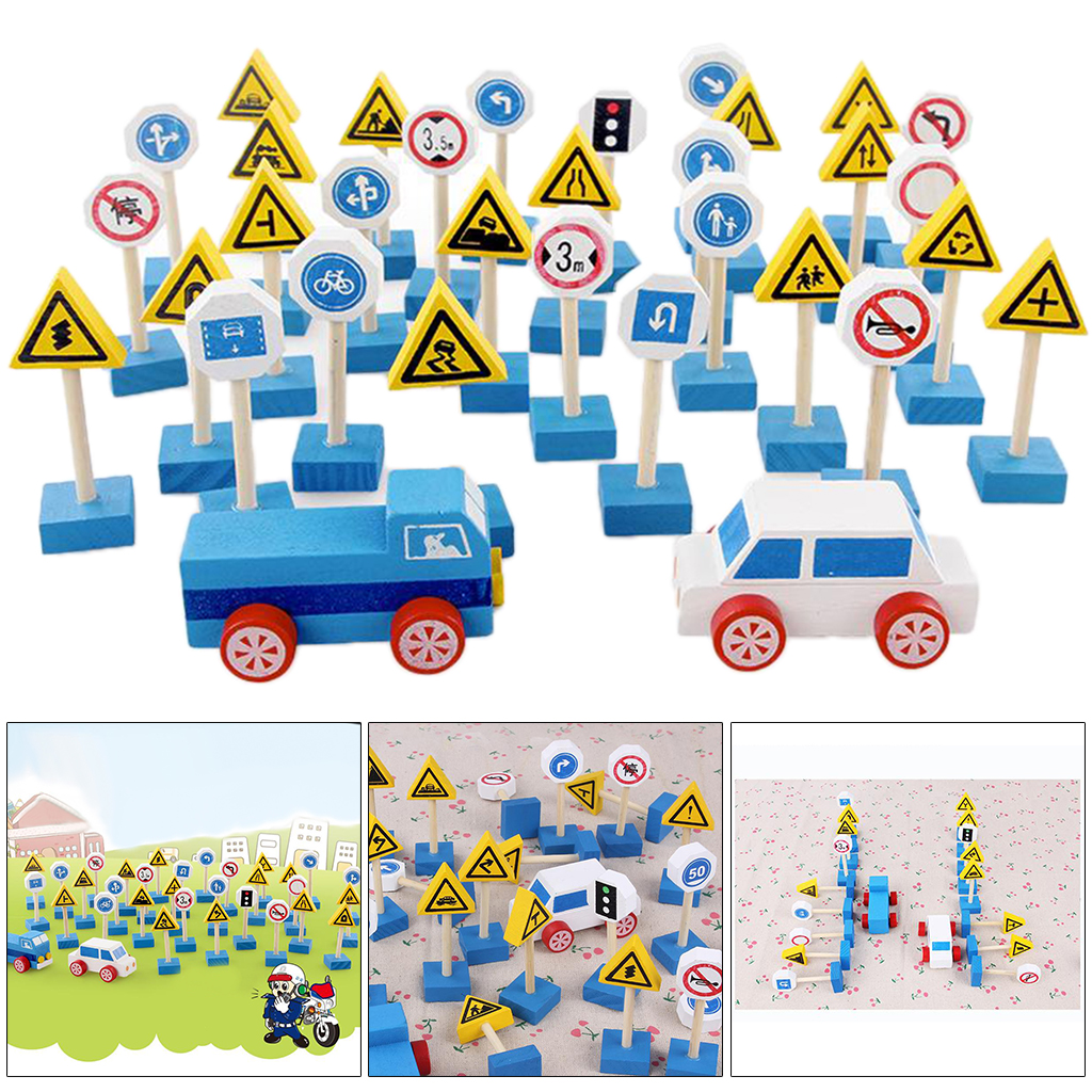 Traffic Signs Wood Wooden Toy Accessories Educational Playset Kids Play Toys