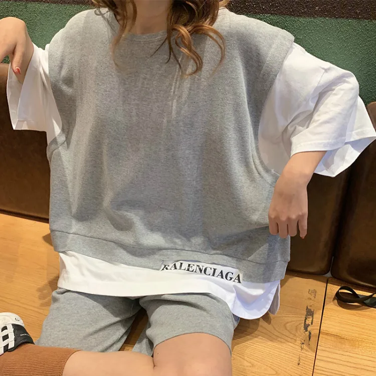 Womens Tracksuits Summmer fake two Piece Outfit Grey Oversize T Shirt and Sporting Short Pants Solid Color Streetwear Sweat Sets shorts co ord