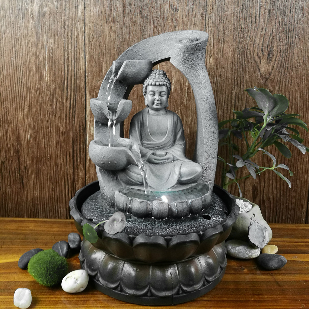 Buddha Tabletop Fountain LED Lights Desktop Zen Water Fengshui Meditation Relaxing Calming Waterfall Patio Home Sculpture Decor