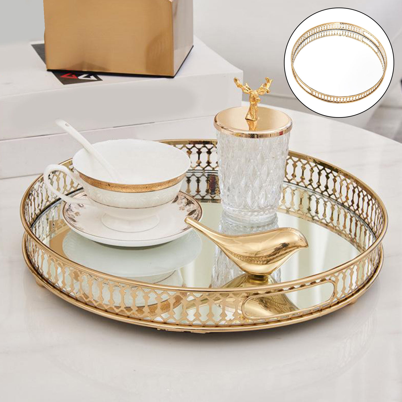 Round Vanity Tray Dresser Ornate Tray Home Wedding Decorative Mirrored Tray Jewelry Perfume Makeup Perfume Organizer