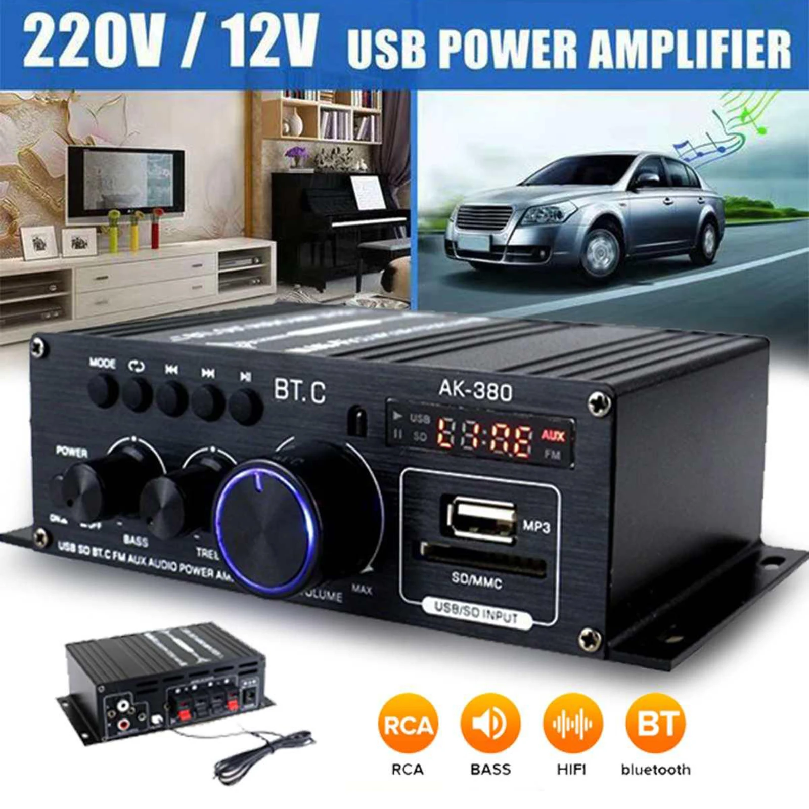 400W + 400W Audio Power Amplifier 2.0 CH Bluetooth 5.0 Receiver Sound Amplifier 2-Channel for Car CD MP3 
