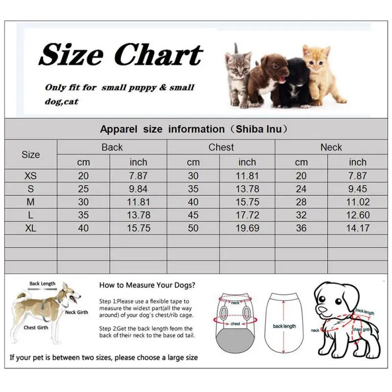 Una tabla de tallas para ropa para mascotas, específicamente para cachorros y perros pequeños. La tabla proporciona medidas en centímetros y pulgadas para la longitud de la espalda, la circunferencia del pecho y la circunferencia del cuello. Incluye las tallas XS, S, M, L y XL, con las medidas correspondientes para cada talla.