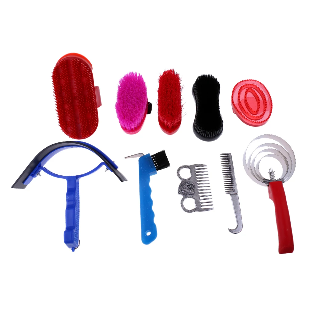 10 Pieces Functional Horse Grooming Kit Horse Care Tool Brush, Comb, Sweat Scraper, Hoof Pick Equipment