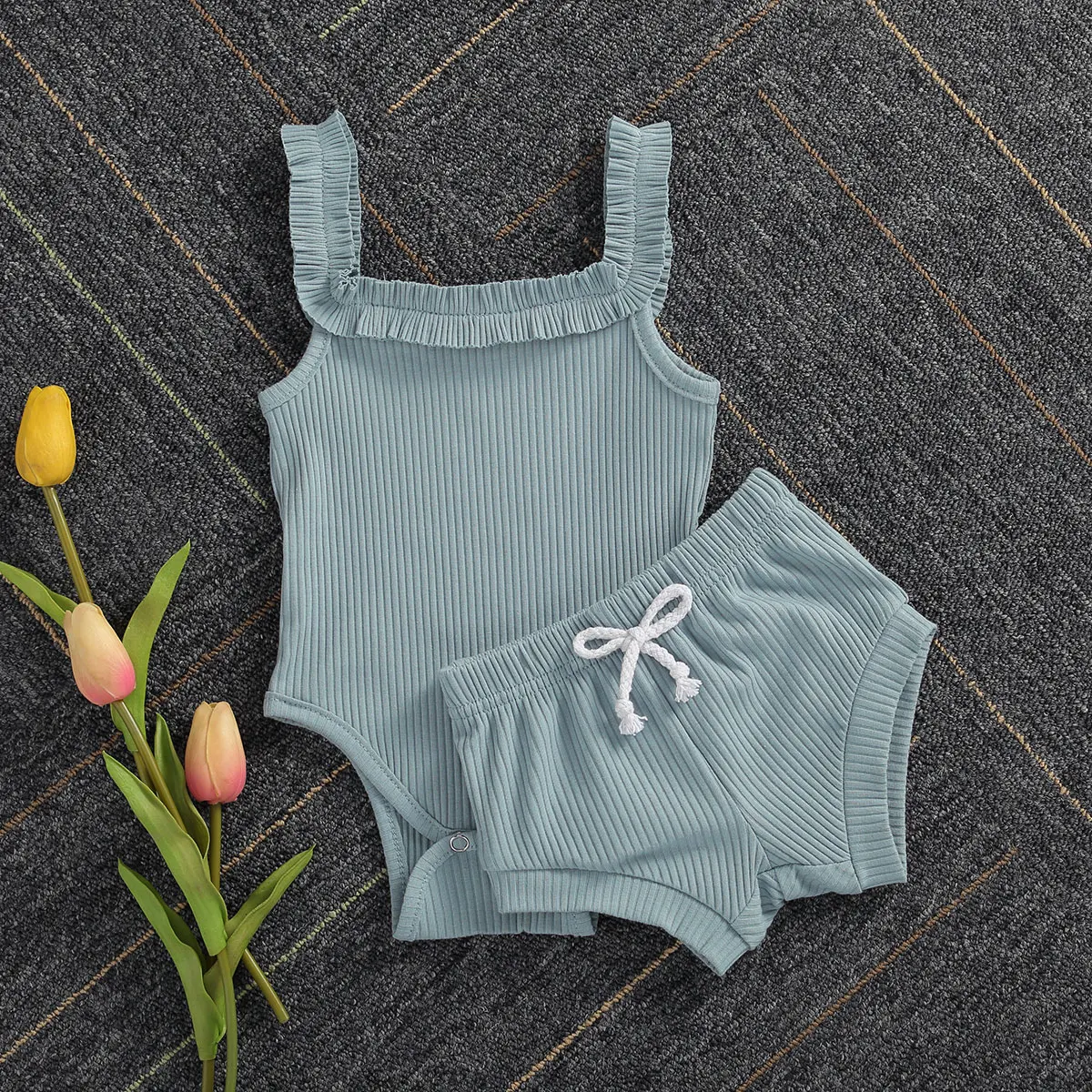 2021 Baby Summer Clothing Casual Baby Girls Solid Color Clothes Sleeveless Ribbed Romper + Pants 2 Pieces Summer Short Sets Newborn Knitting Romper Hooded 