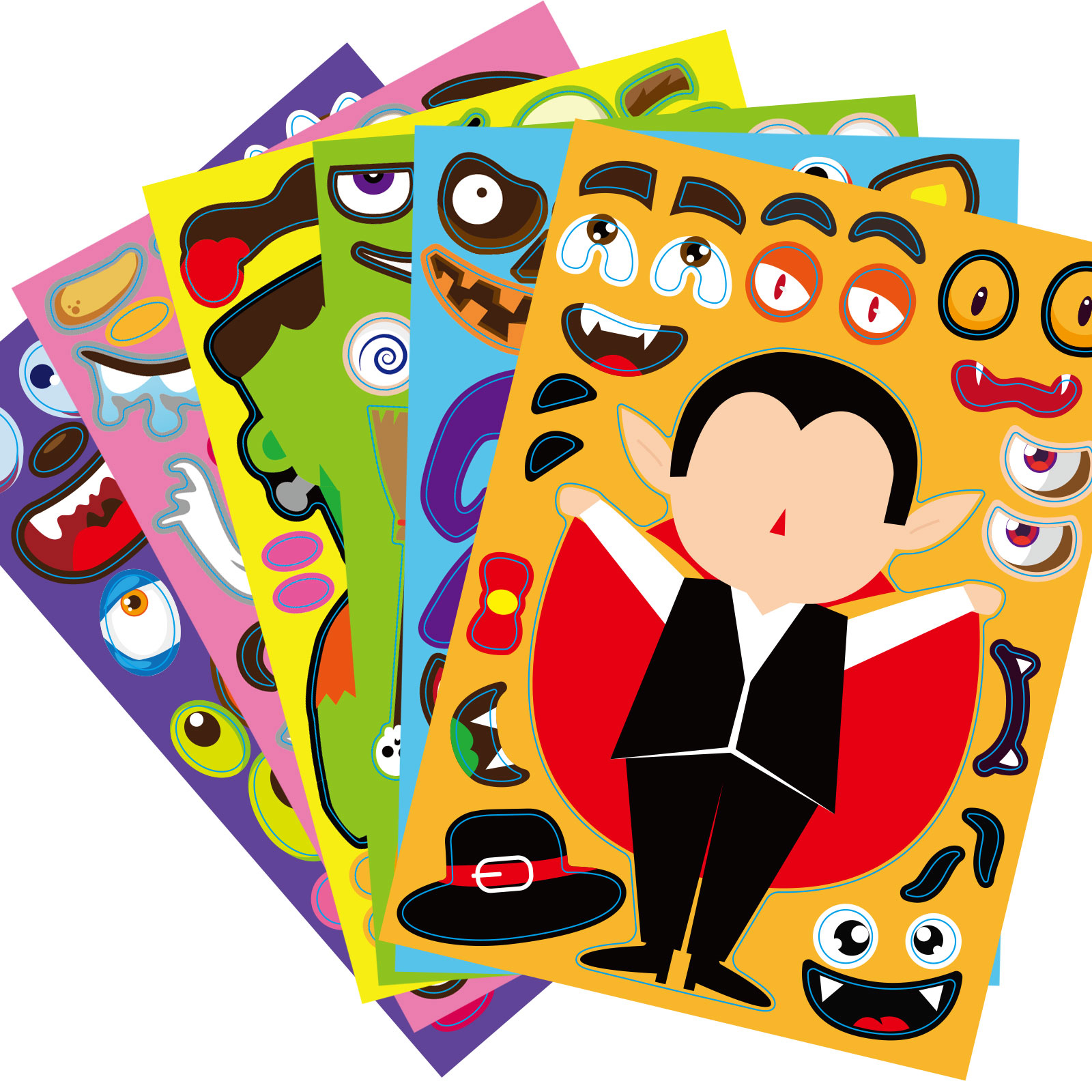 24Sheets/set Kids Funny Puzzle Games Make A Face DIY Halloween Jigsaw Stickers Gift Creative Stickers Toys Gift