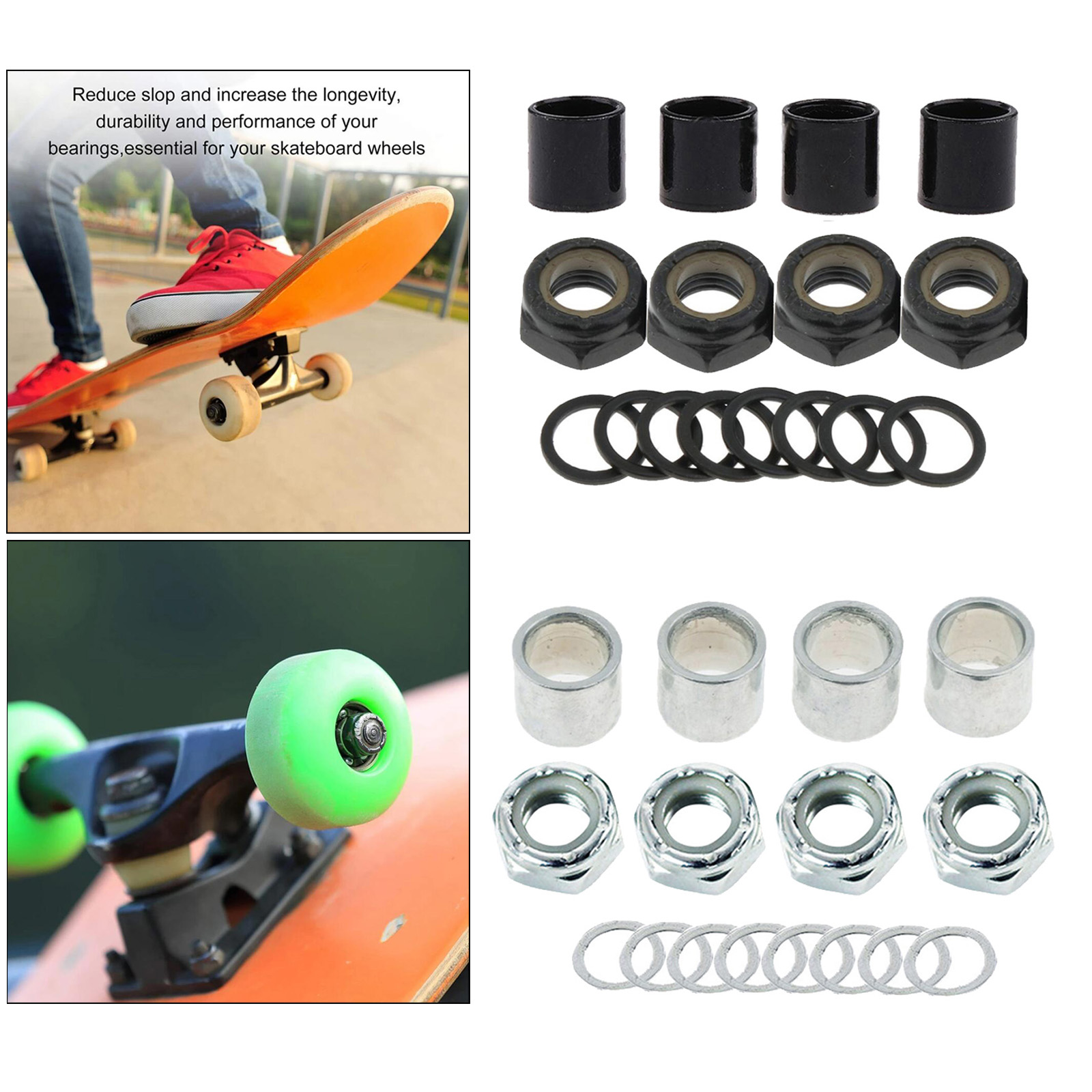 16 Pieces Skateboard Truck Hardware Kit Includes Spacers, Axle Nuts and Speed Rings for Skateboard and Longboard