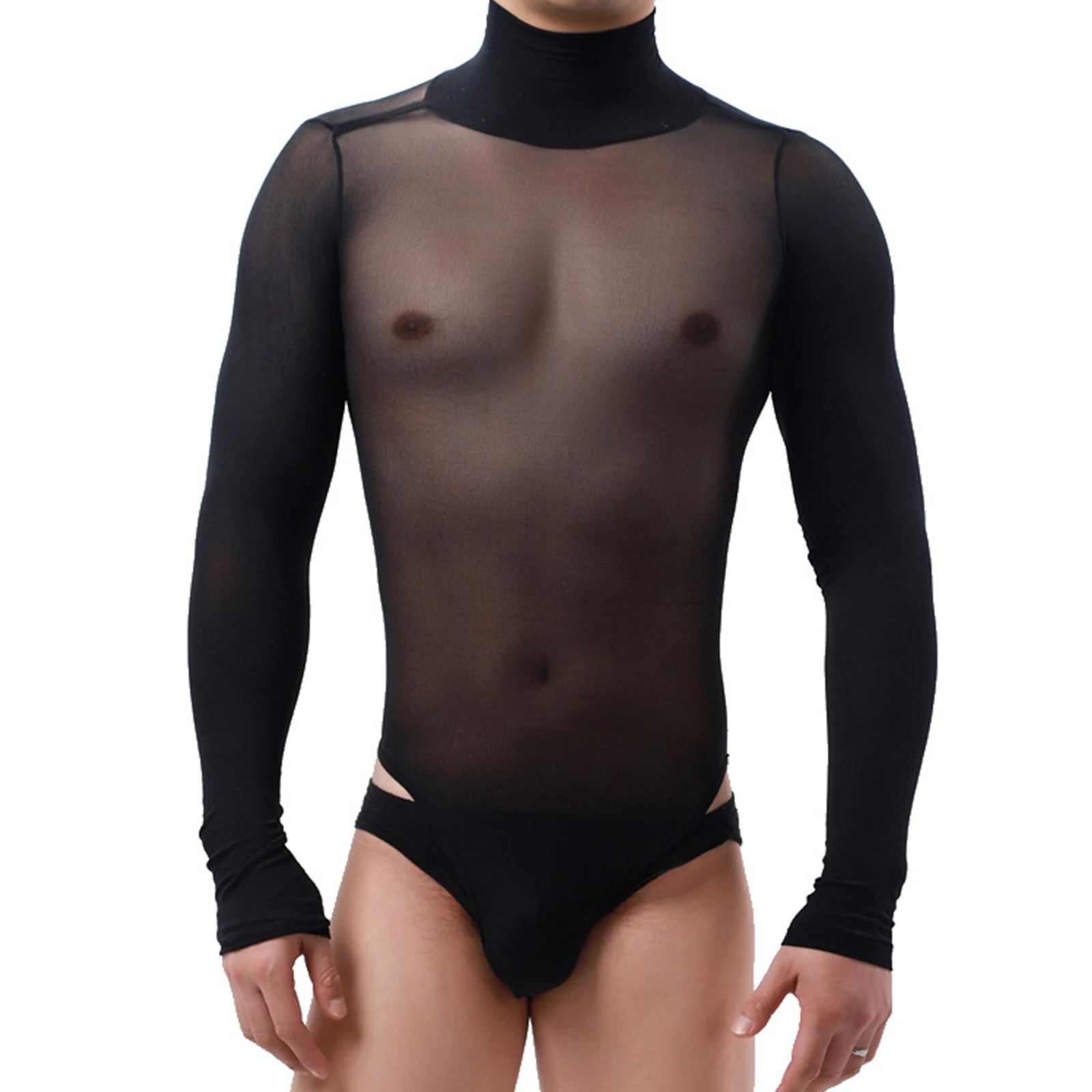 Men Sheer Mesh Bodysuit Catsuit Teddy Black Transparent Erotic Lingerie High Neck Long Sleeve One Piece Jumpsuit Nightclub Wear g string underwear cotton