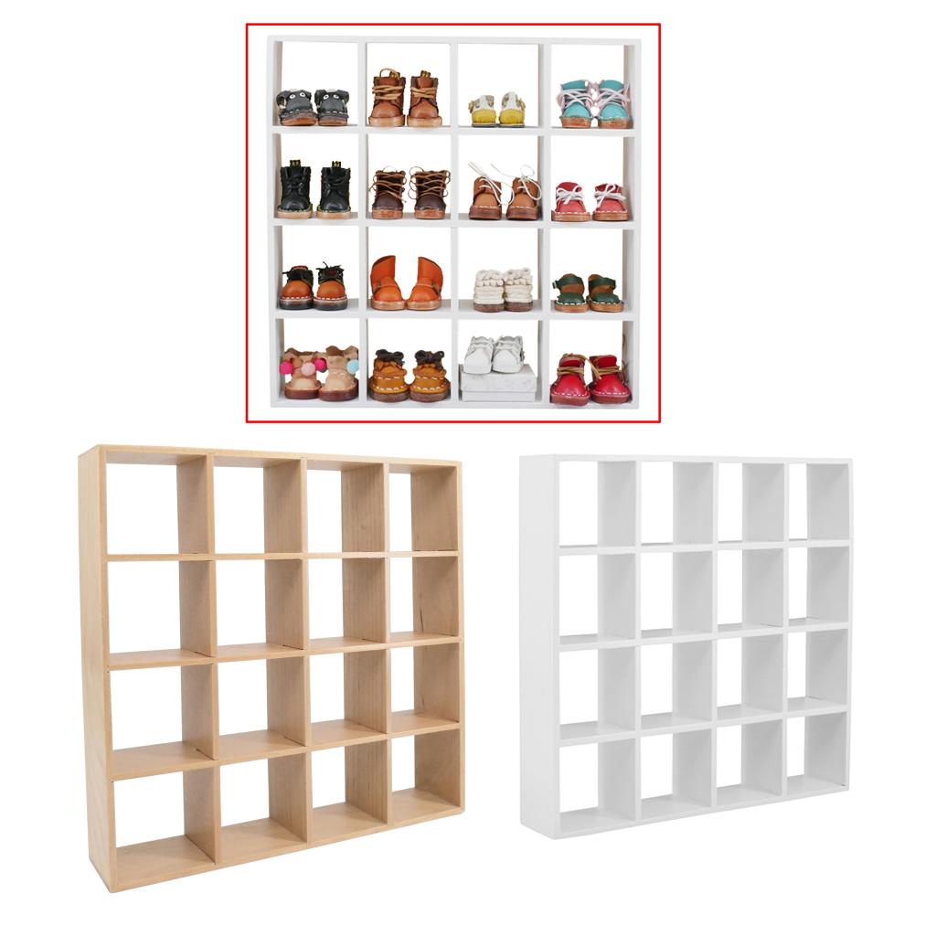 Mini Wooden Storage Rack Display Shelf, Dollhouse Furniture Accessory - 16 Cube Organizer -1/12 Scale