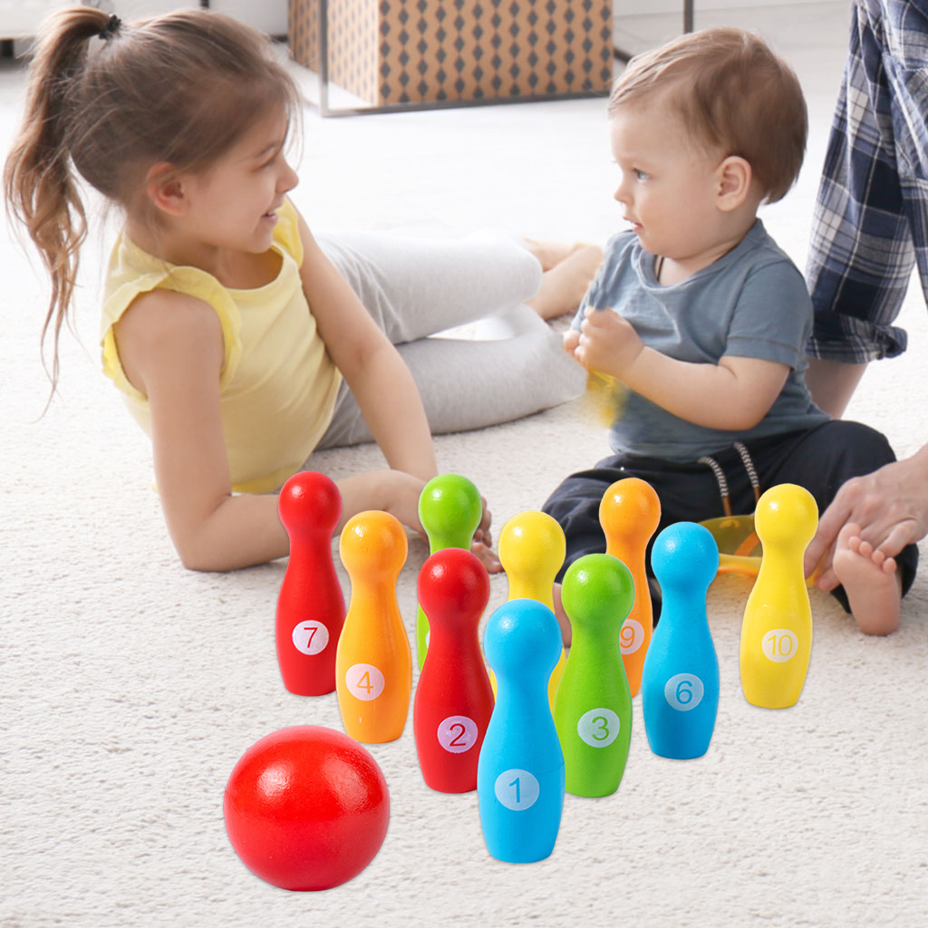 Wooden Bowling Set Skittles Toys with 10 Pins 1 Ball Educational Toy Gift for Kids